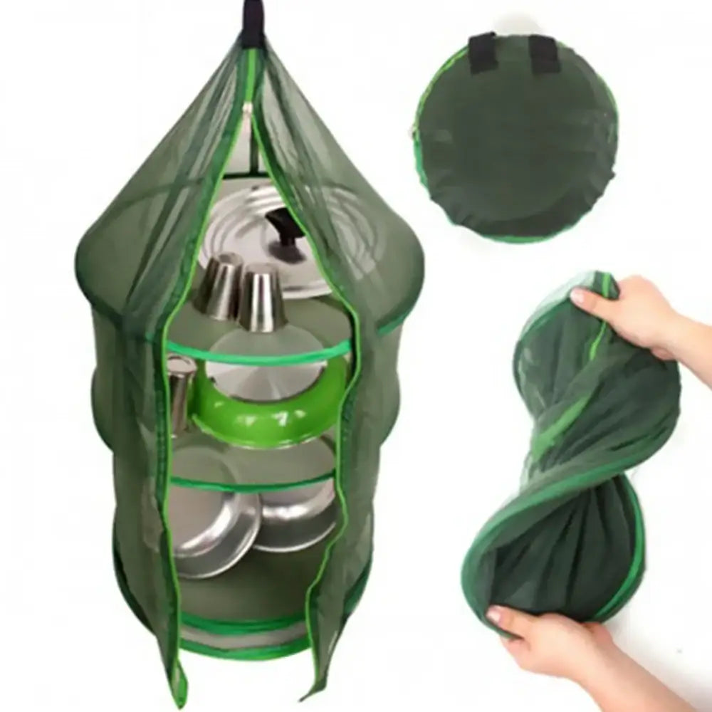 Collapsible green mesh storage organizer with multiple compartments for camping or outdoor gear.