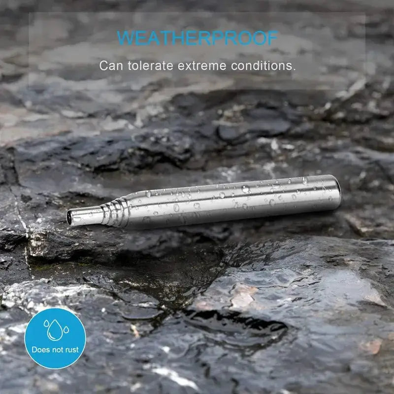 Metallic cylindrical pen or writing instrument on a wet, rocky surface.