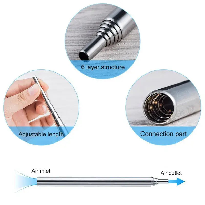 Telescopic metal pen-like tool with adjustable length and air flow capabilities.