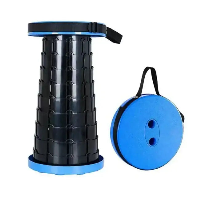 Collapsible stool with a black cylindrical body and teal-colored top and base.