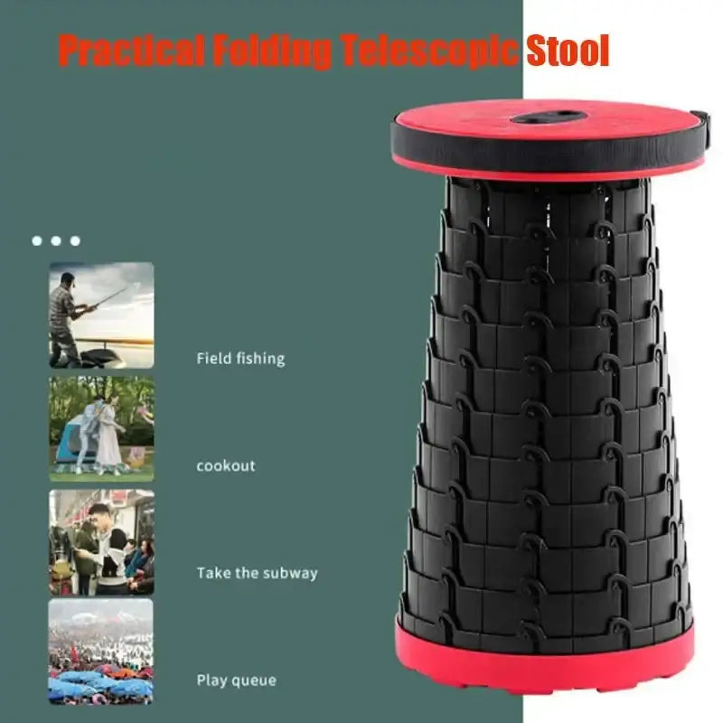 Collapsible black stool with a red top and bottom, featuring a woven basket-like design.