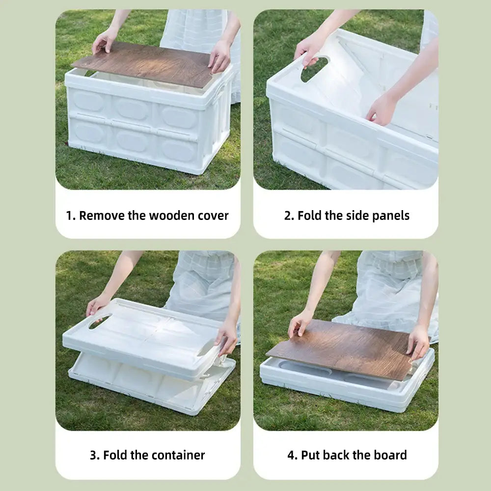 Collapsible white plastic storage container with a wooden lid.