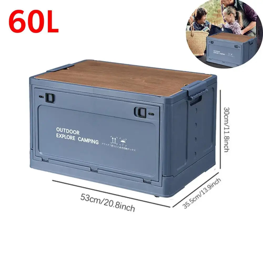 Collapsible storage box with a wooden top and gray sides labeled ’60L’.