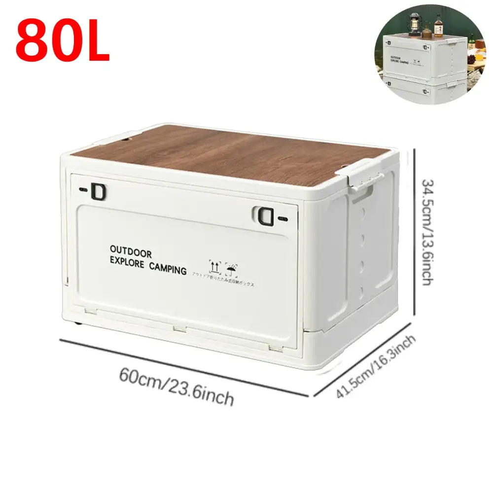 Collapsible storage box with a wooden top and white sides labeled for outdoor and camping use.