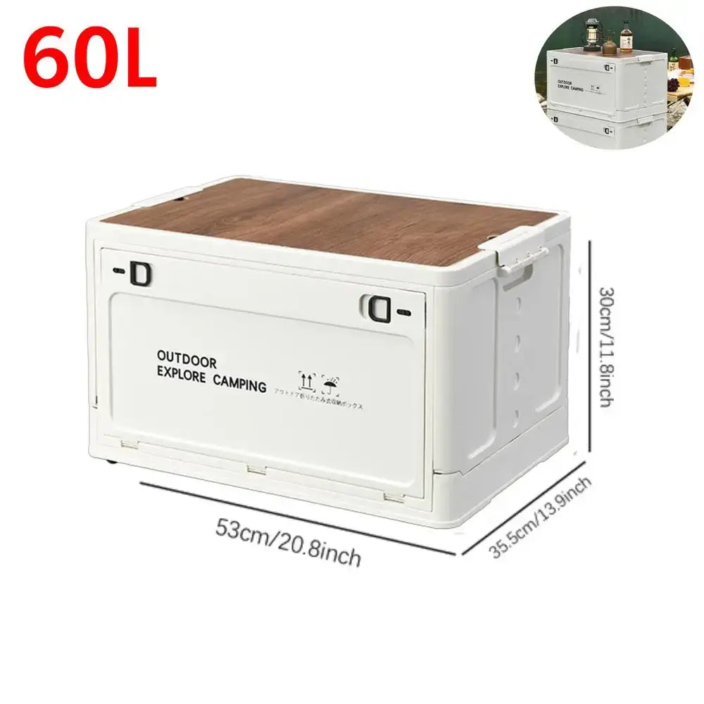 Collapsible storage box with a wooden top and white sides labeled for outdoor and camping use.