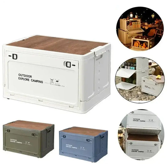 Collapsible storage box with a wooden top and side handles for outdoor use.