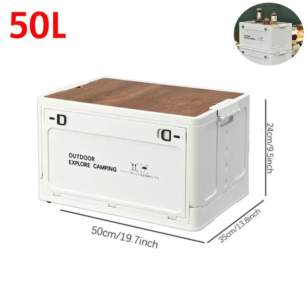 Collapsible storage box with a wooden top and white sides labeled for outdoor and camping use.