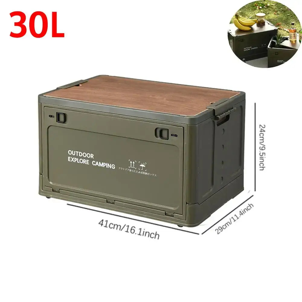 Collapsible storage box with a wooden top and military-style green body.