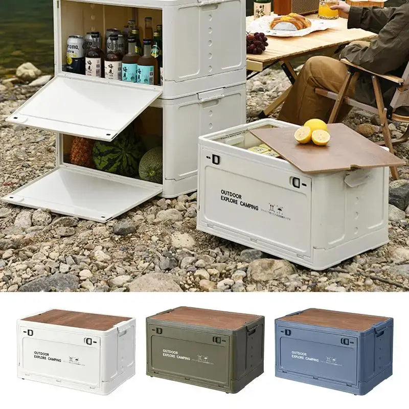 Collapsible storage container with fold-out shelves and compartments for outdoor use.