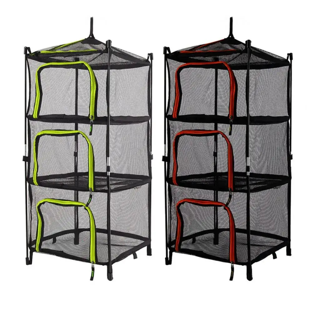 Collapsible mesh drying racks with three tiers in green and red color options.