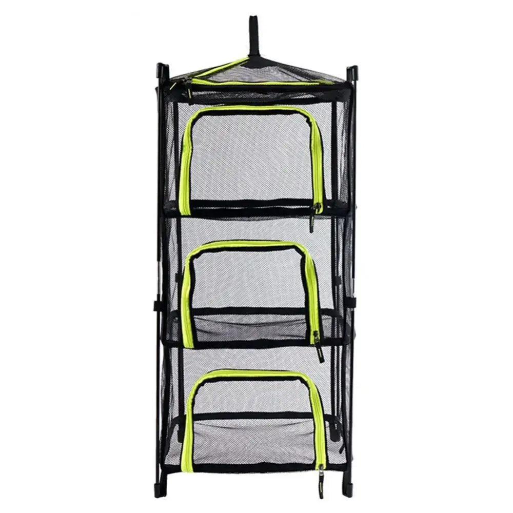 Collapsible three-tier mesh storage organizer with black frame and neon green trim.