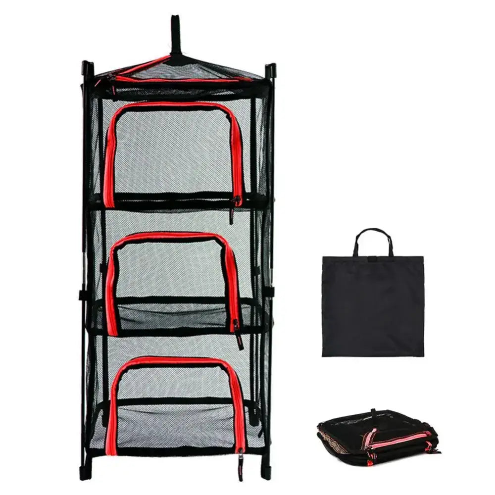 Collapsible mesh storage rack with three compartments and red trim.