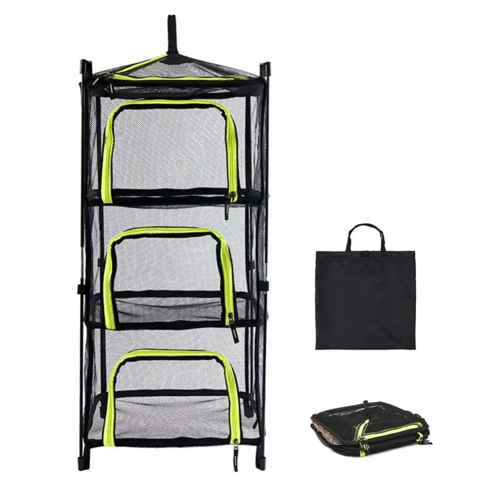 Collapsible three-tier mesh storage organizer with neon green trim and a carrying case.