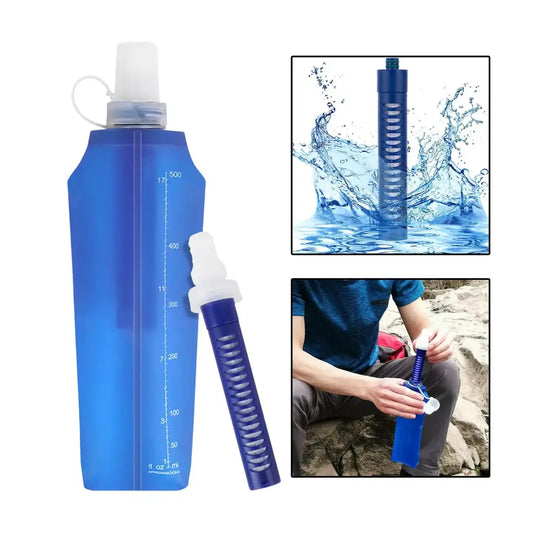 Collapsible blue water bottle with integrated filter straw and measurement markings.