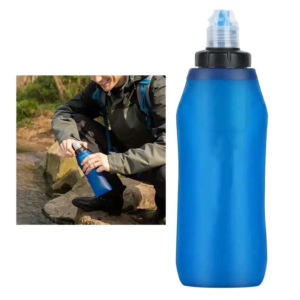 Blue flexible water bottle with a clear cap.