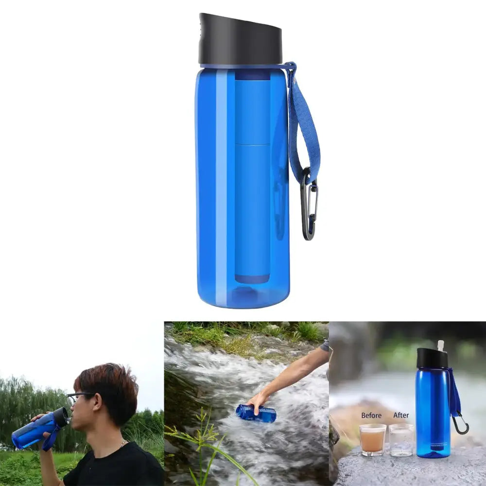 Blue plastic water bottle with a black lid and carabiner attachment.