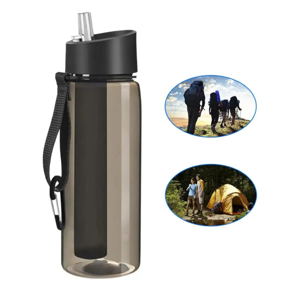 Reusable water bottle with a straw lid and carrying strap.