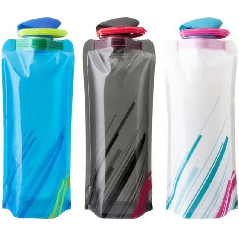 Collapsible water bottles in blue, gray, and white with colorful accents and twist-off caps.