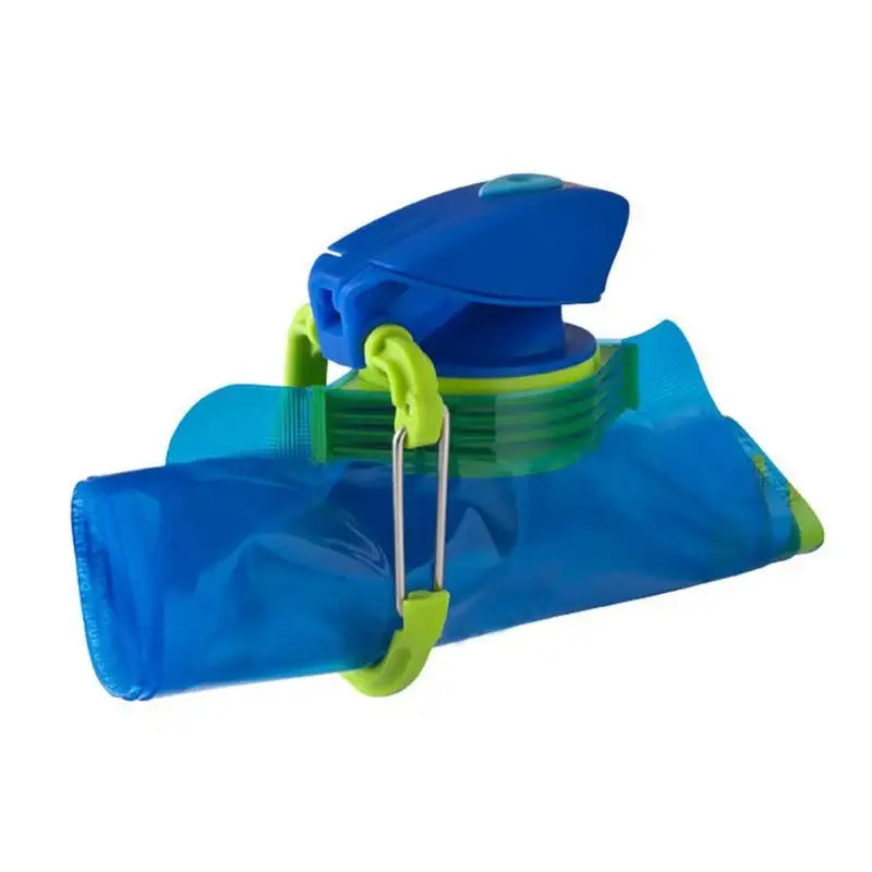 Collapsible blue and green water bottle with a carabiner clip.