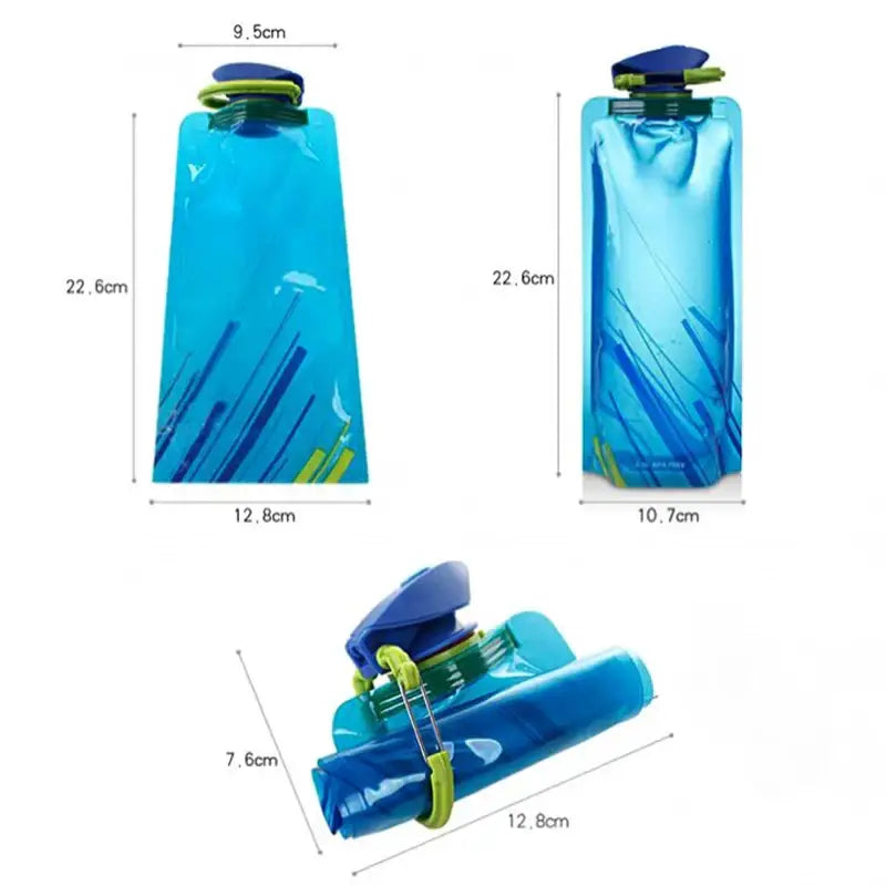 Collapsible water bottle with blue design and green cap.