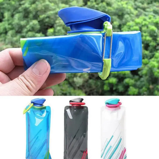 Collapsible water bottle with a flip-top cap and carabiner clip.