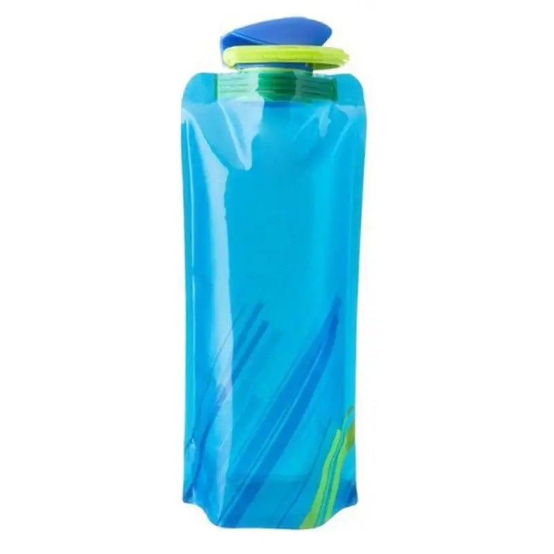 Flexible blue water bottle with a green cap and accents.