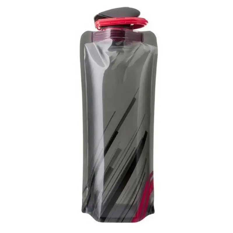 Collapsible gray water bottle with a red cap and accent.