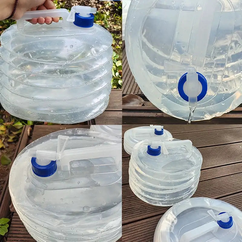 Collapsible water container with blue cap and spout.