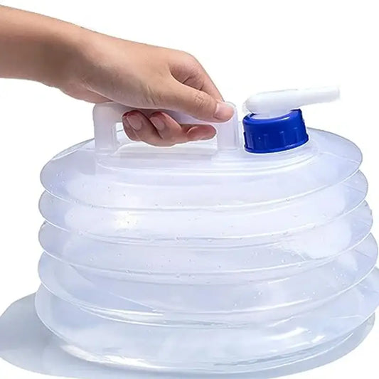 Collapsible water container with a blue cap and white spout.