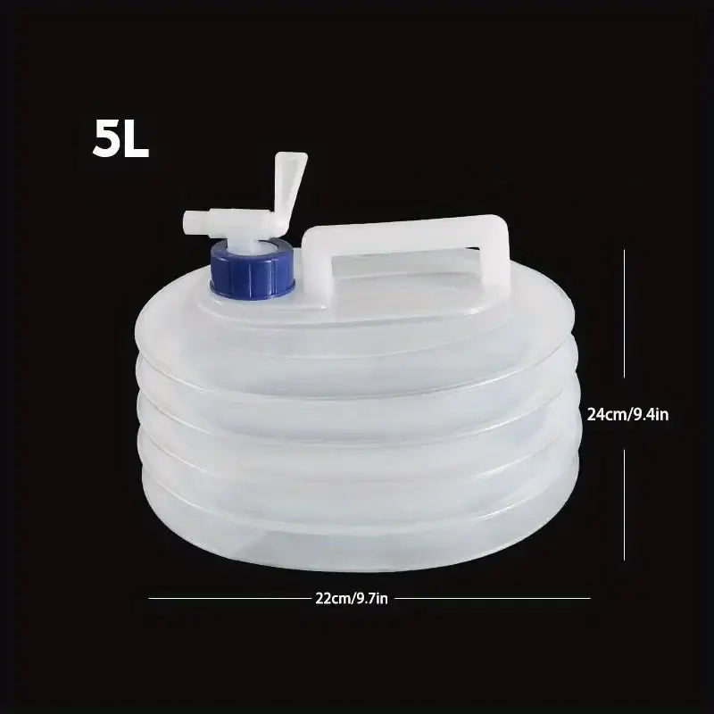 Collapsible plastic water container with a spout and handle.