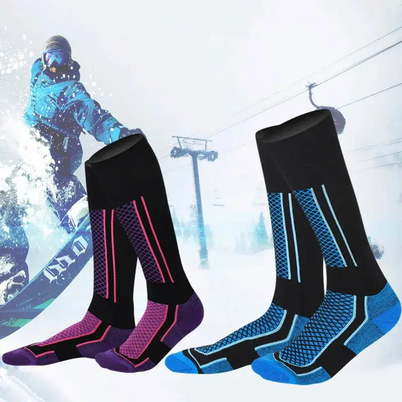 Pair of colorful ski socks with technical design features.