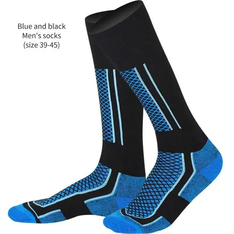 A pair of black and blue men’s socks with geometric patterns.