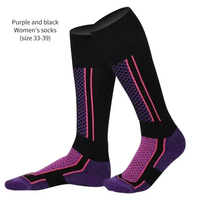 Pair of black, purple, and pink patterned women’s socks.