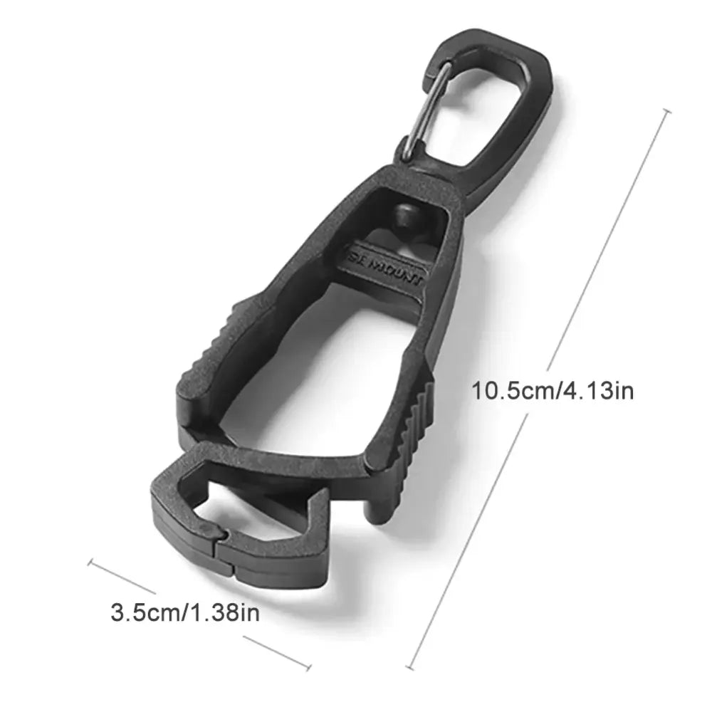 Carabiner-style clip with a built-in bottle opener and textured grip.