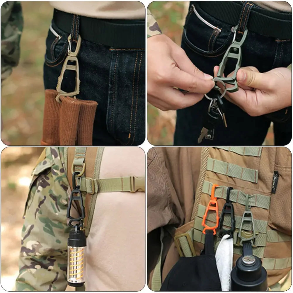 Carabiner clips attached to various gear and clothing items.