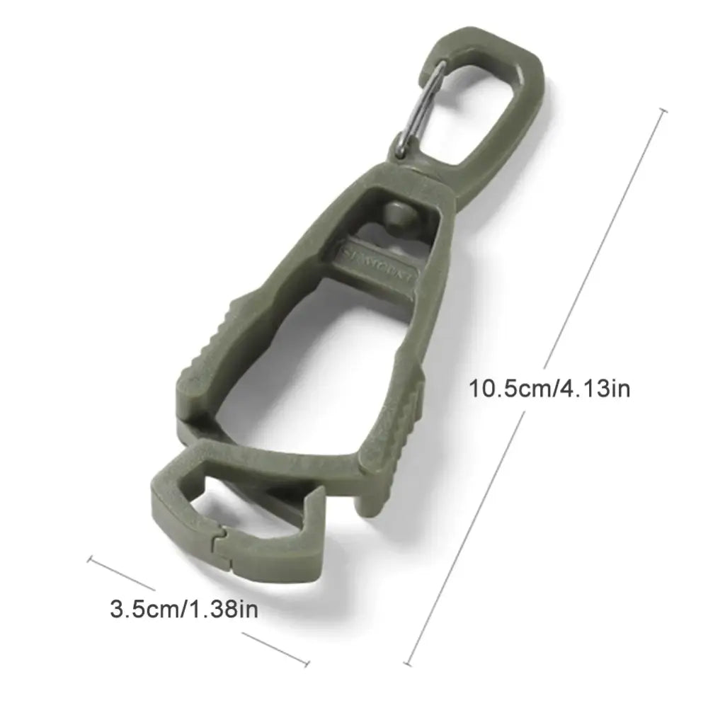 Olive green plastic carabiner-style clip with multiple attachment points and measurements labeled.