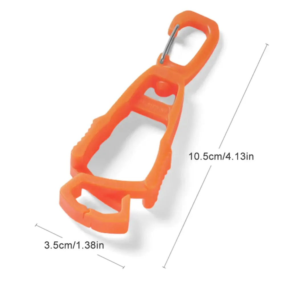 Orange plastic glove clip or glove holder with carabiner-style hook.