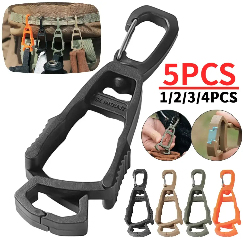 Plastic carabiner-style clip with multiple attachment points and a bottle opener feature.