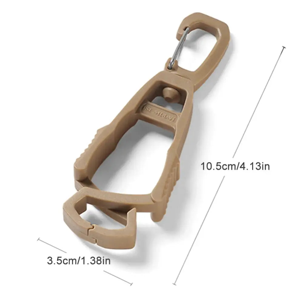 Tan-colored plastic carabiner clip with multiple attachment points and a bottle opener feature.