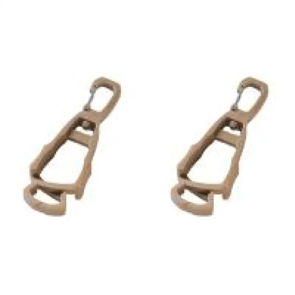 Tan-colored plastic zipper pulls or zipper sliders.