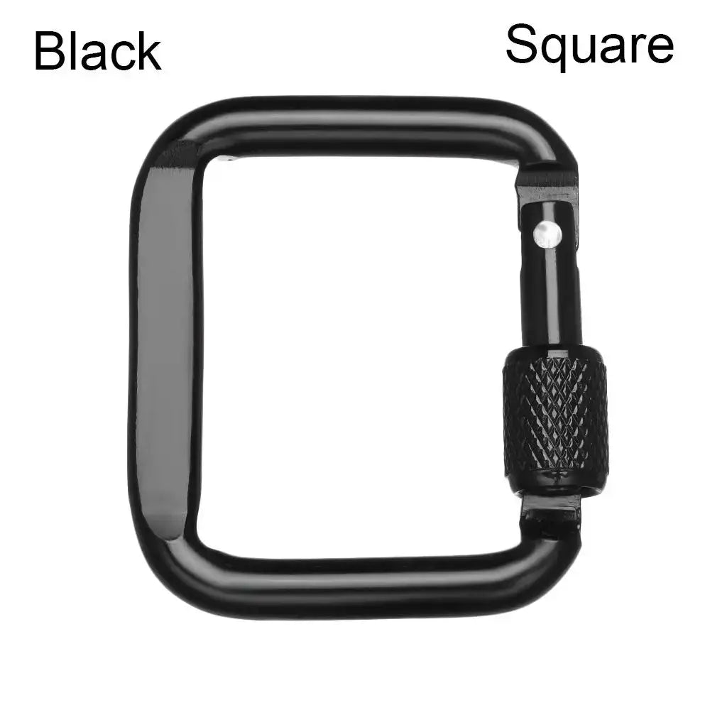 Black square carabiner with a screw-lock gate mechanism.