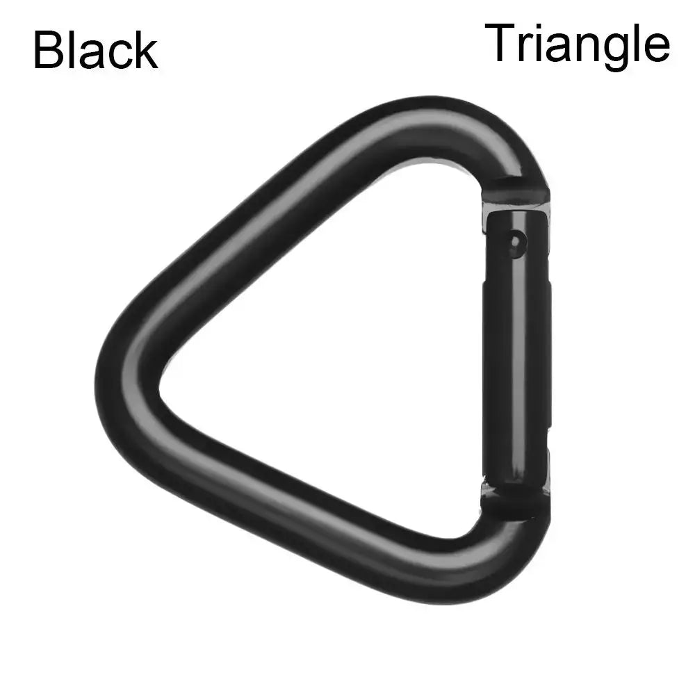 Black triangular carabiner with a spring-loaded gate.