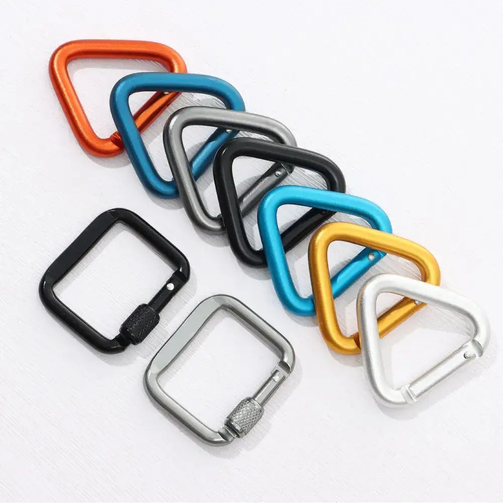 Collection of colorful carabiners and keychain clips in various shapes.