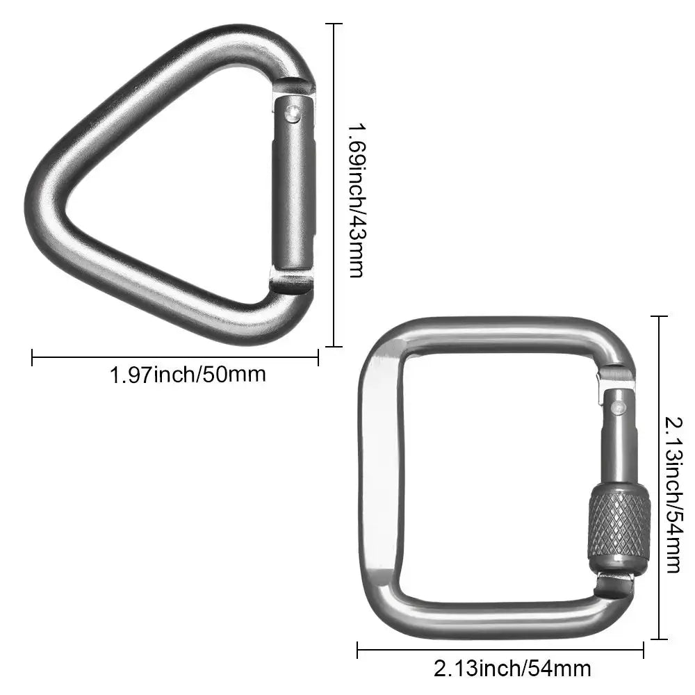 Metal carabiners with dimensions labeled.