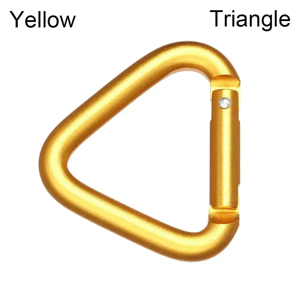 Golden triangular carabiner with a spring-loaded gate.