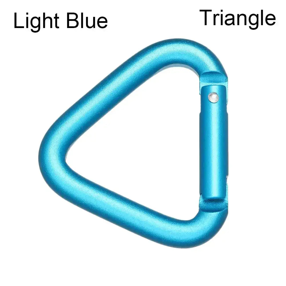 Light blue triangular carabiner with a spring-loaded gate.