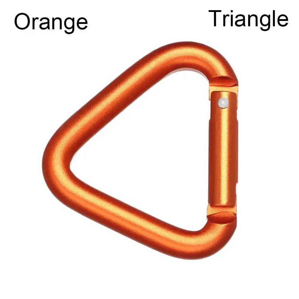 Metallic orange carabiner shaped like a triangle with a spring-loaded gate.