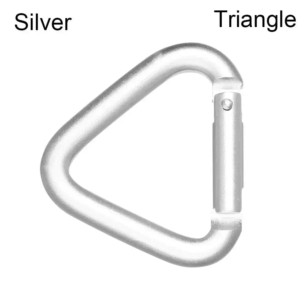 Silver triangular carabiner with a spring-loaded gate.