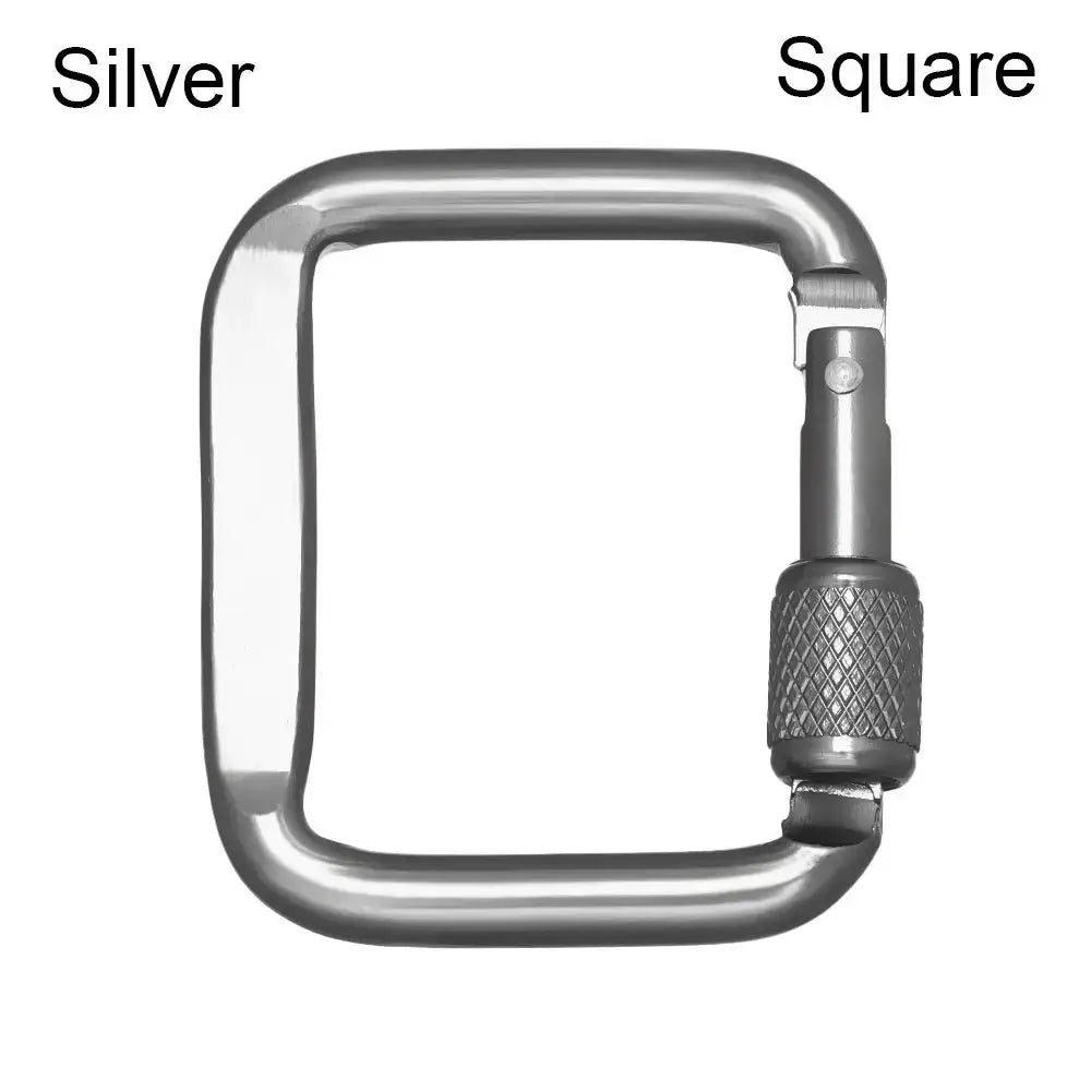 Square-shaped metal carabiner with a screw-lock gate.