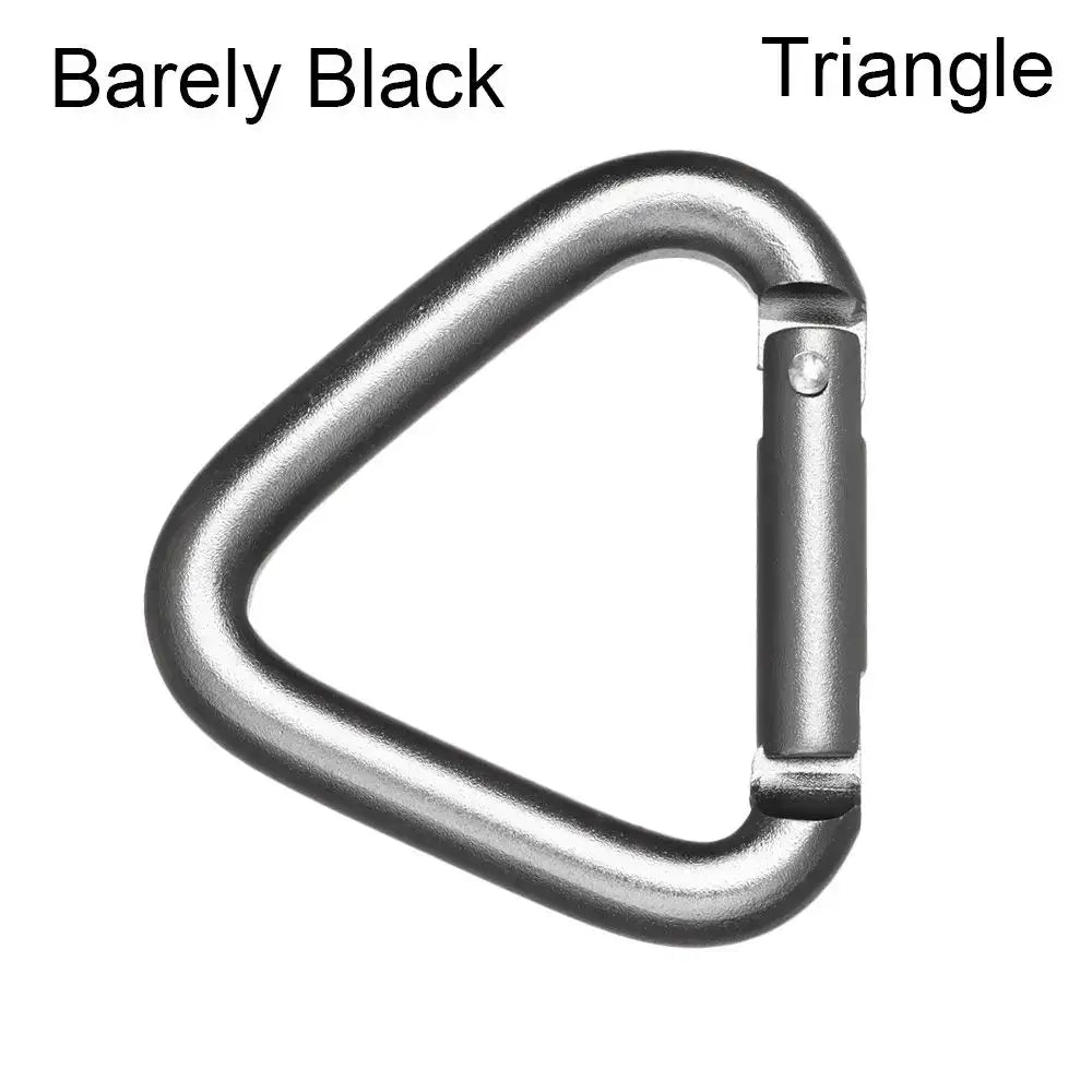 Triangular metal carabiner with a spring-loaded gate.